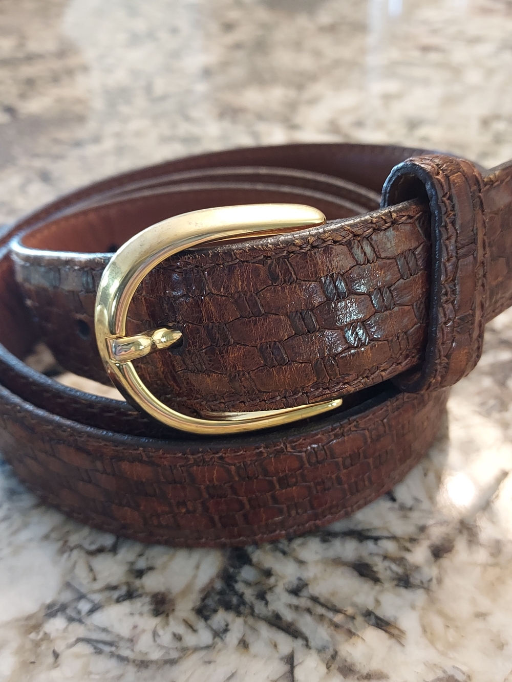 Made in Italy: Men's Cole Haan Whiskey Toned Embossed Calfskin Leather Belt:36